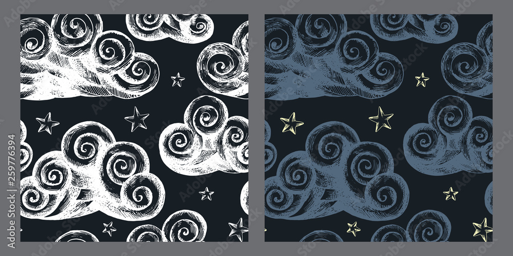 Night cloudy sky background, seamless pattern, backdrop in medieval engraving style