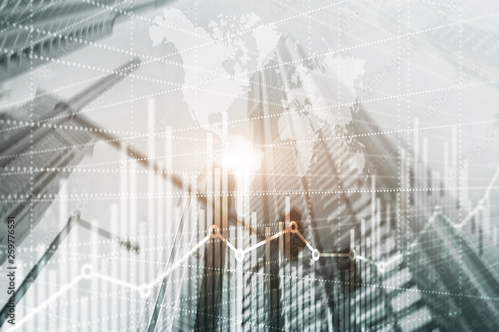 Obraz premium High-rise buildings mixed media double exposure. Modern city. Economic growth graph chart.