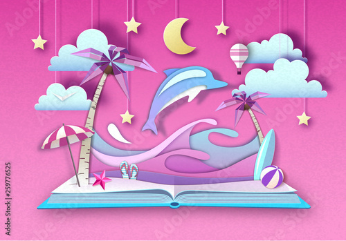 Open fairy tale book with dolphin and tropic beach landscape. Cut out paper art style design
