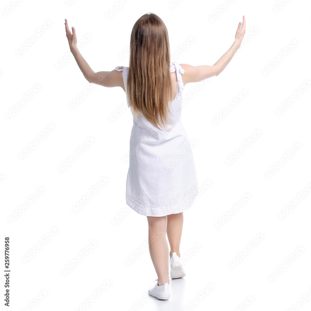 Woman in white dress standing holding on white background isolation, back view Woman in white dress standing holding on white background isolation, back view