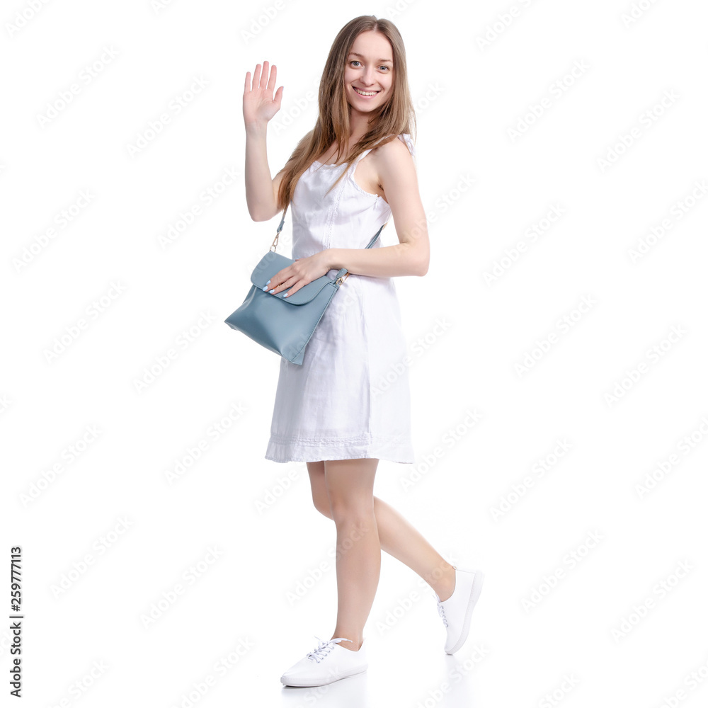 Woman in white dress with bag looking, walking, goes, waving hand on white background isolation Woman in white dress with bag looking, walking, goes, waving hand on white background isolation