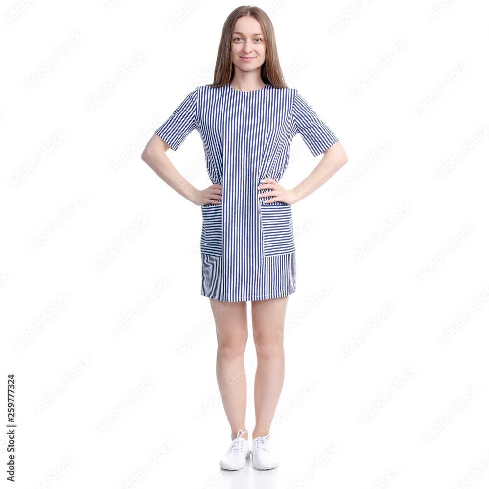 Woman in blue dress standing looking on white background isolation Woman in blue dress standing looking on white background isolation