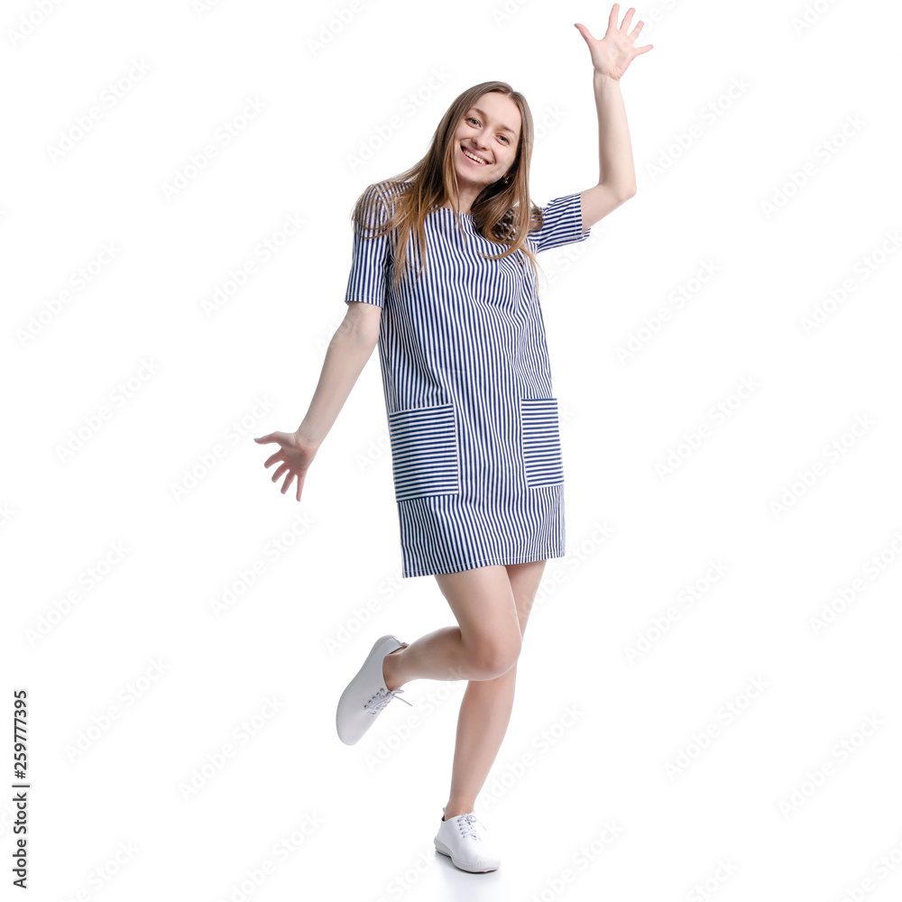 Woman in blue dress standing smiling looking happiness laughs on white background isolation Woman in blue dress standing smiling looking happiness laughs on white background isolation