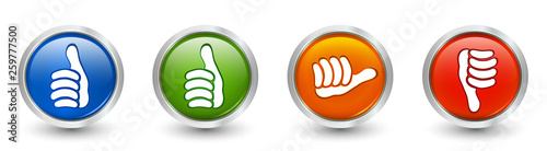3d illustration. Icons green and blue thumb up - thumb down red - orange neutral thumb. Online voting symbol. Concept like it. Do not like