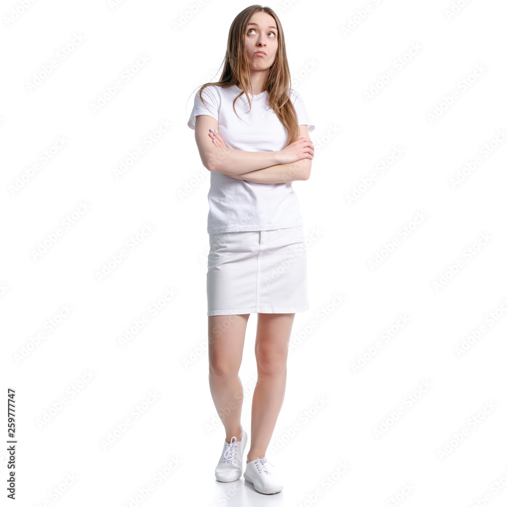Woman angry standing looked up on white background isolation Woman angry standing looked up on white background isolation