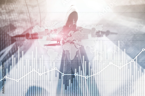Business finance growth graph chart analysing diagram trading and forex exchange concept double exposure mixed media background website header.