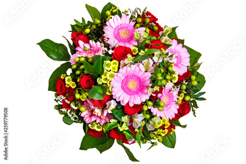 Fototapeta Naklejka Na Ścianę i Meble -  Flower bouquet isolated. Bouquet of beautiful fresh flowers top view isolated on a white background.  Flower decorations design element. Birthday, Mother day and other festivals.