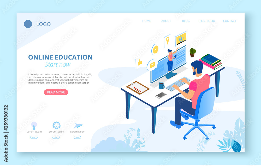 Online education. Background or homepage template with man studying remotely, flat style.