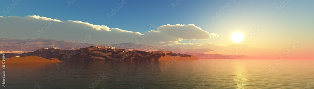 Panorama of the sea sunset, sea and mountains