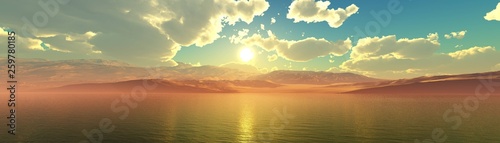 Panorama of the sea sunset, sea and mountains photo