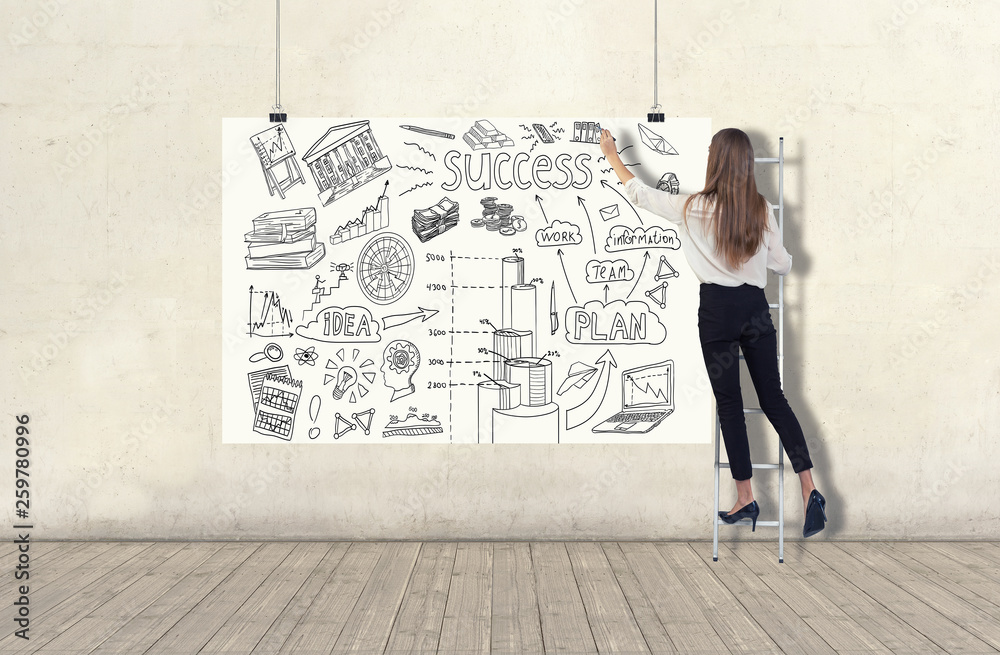 Young woman standing on a ladder and drawing a business plan sketch on a white banner. 3d render elements in collage Young woman standing on a ladder and drawing a business plan sketch on a white banner. 3d render elements in collage
