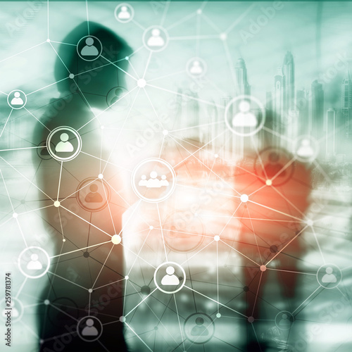 Double exposure people network structureюю HR - Human resources management and recruitment concept.