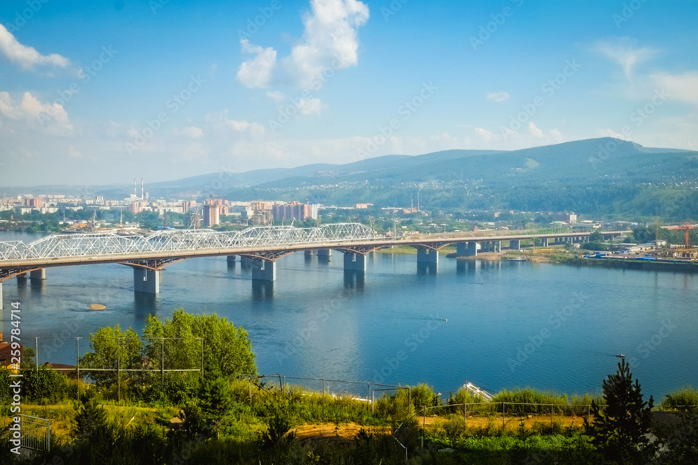 the bridge over the Yenisei river, city view