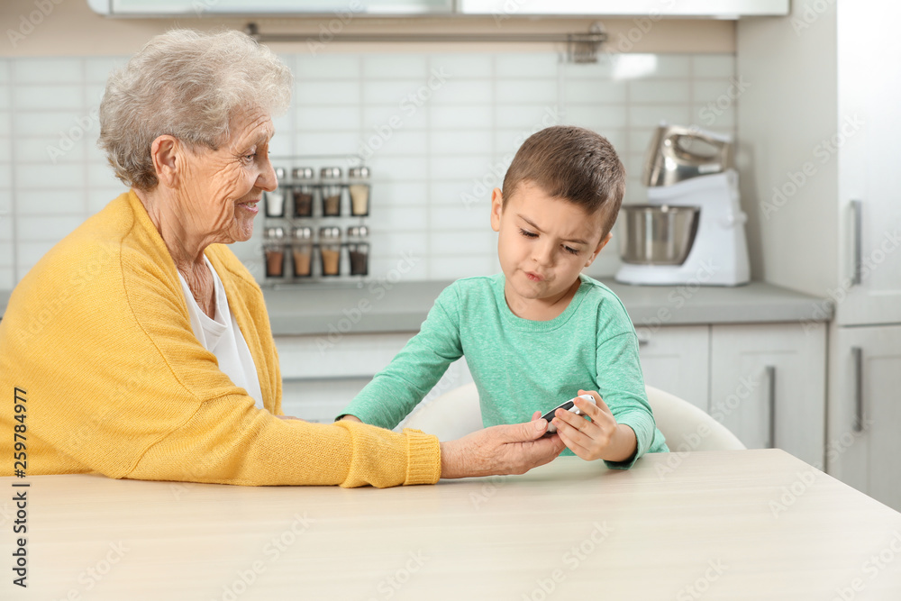 Fototapeta premium Senior woman with her grandson using digital glucometer at home. Diabetes control