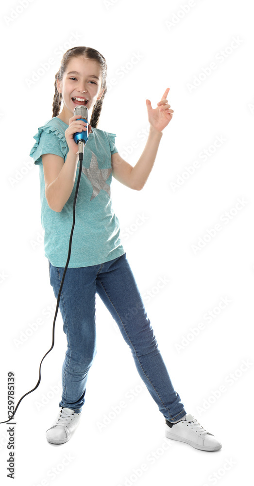 Cute girl singing in microphone on white background Cute girl singing in microphone on white background