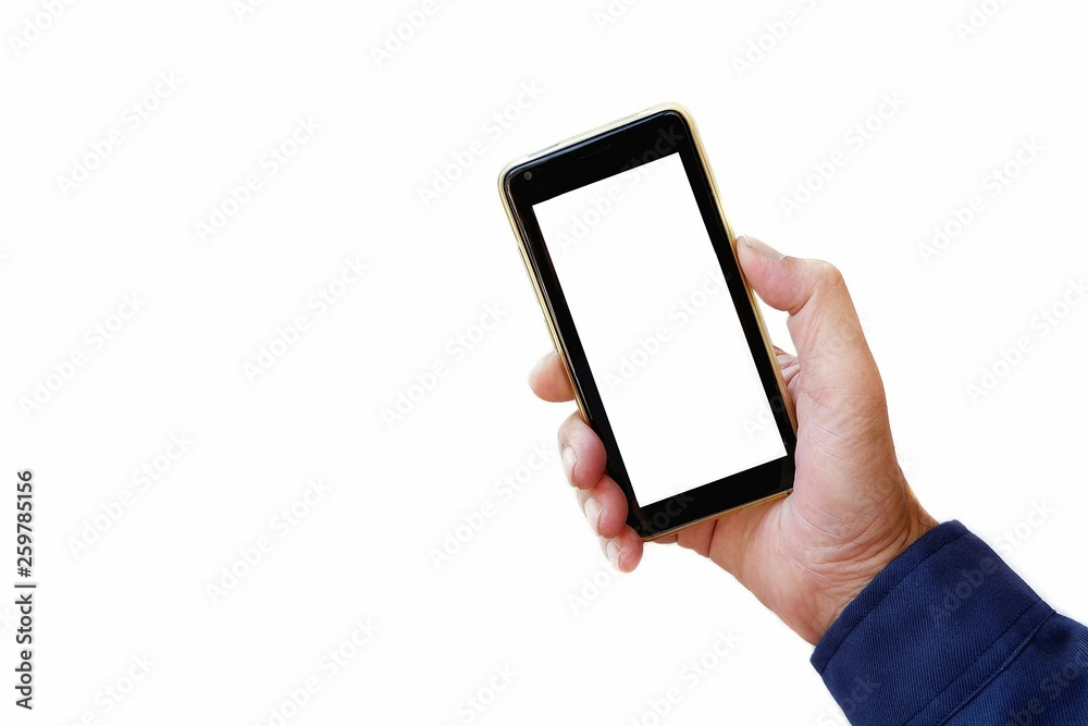 Man hand in blue long sleeve shirt holding smartphone with empty white screen on isolated white background