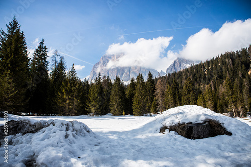 View of Mount Tofana di Rozes, as seen from the road to Passo Giau, high alpine pass near Cortina d'Ampezzo, Dolomites, Italy