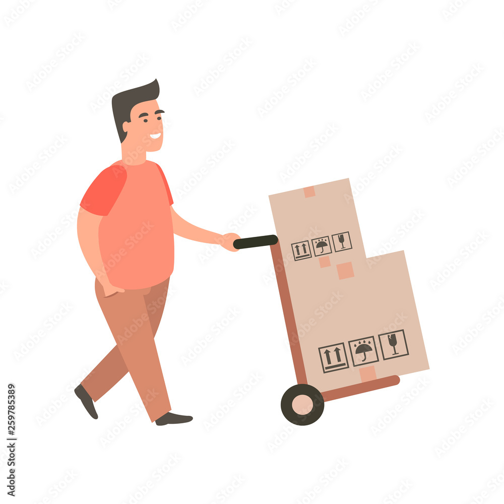 Delivery guy pushing a hand truck with purchases. Delivery guy pushing a hand truck with purchases.