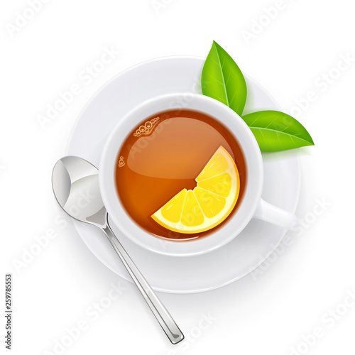 Tea cup and green leaf on plate. Traditional hot drink for breakfast. Tea time. Herbal tonic beverage. Isolated white background. Eps10 vector illustration.