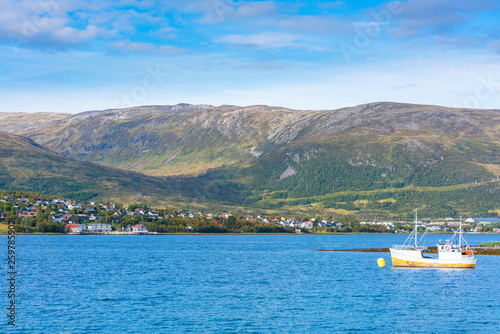 View of Eidkjosen on Kvaloya island in Troms county across the fjord, Norway