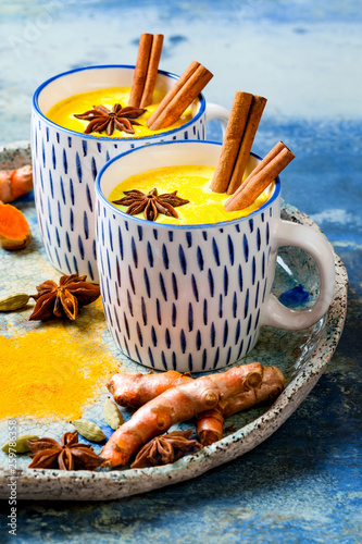 Turmeric golden milk latte with cinnamon sticks and honey. Detox, immune boosting, anti inflammatory healthy cozy drink photo