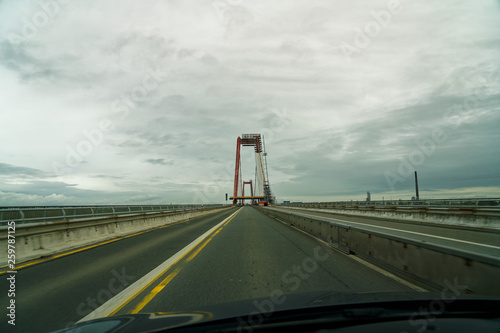 major construction site emmericher rhine bridge, emmerich, germany, view from the car