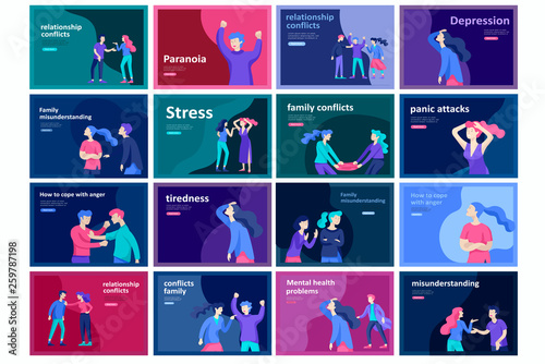 Vector people in bad emotions, character in conflict, angry or tired and in stress. Aggressive people yell at each other. Colorful flat concept illustration. photo