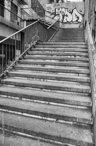A stair in a street in Madrid. Spain. black and white photography