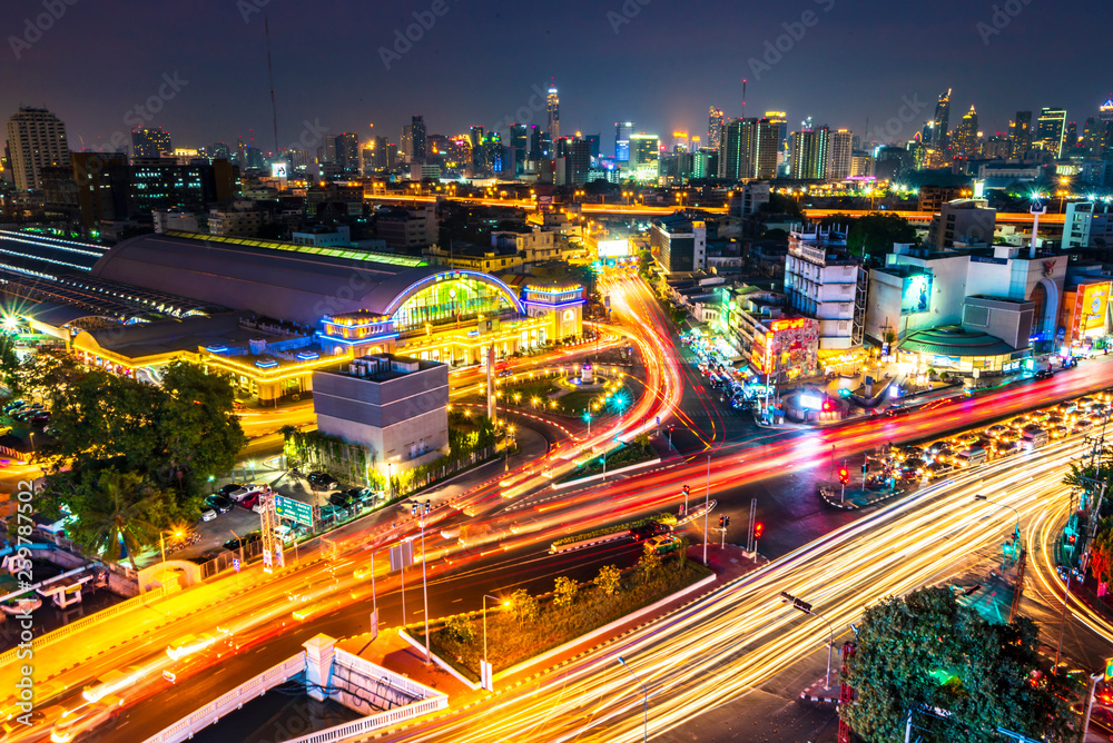 Bangkok Hua Lamphong Railway Station at Twilight. Traffic on the streets. Bird eye view, Bangkok ,Thailand-April 2019: 