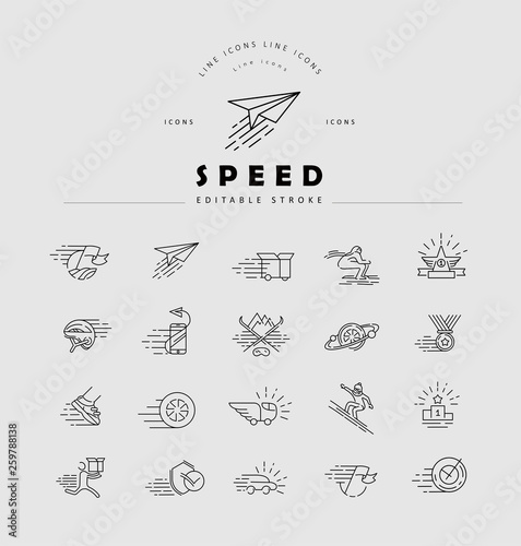 Vector icon and logo for speed motion. Editable outline stroke size. Line flat contour, thin and linear design. Simple icons. Concept illustration. Sign, symbol, element.