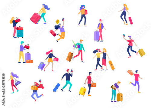 Different people travel on vacation. Tourists with laggage travelling with family, friends and alone, go on journey. Travelers in various activity with luggage and equipment. Vector illustration