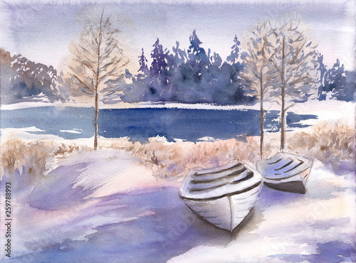 Beautiful winter landscape with lake, forest and boat. Hand drawn watercolor illustration of Frosty countryside. .