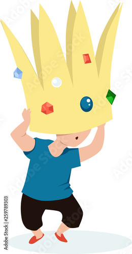 Child struggling under a heavy crown as a metaphor for big expectations and underachievement, EPS 8 vector illustration 