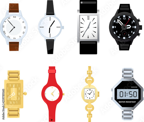 Set of realistic vector illustrations of men and women watches, isolated on white, EPS 8 vector illustration, no transparencies,  no mesh, no real products depicted