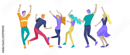 Jumping character in various poses. Group of young joyful laughing people jumping with raised hands. Happy positive young men and women rejoicing together, happiness, freedom, motion people concept.