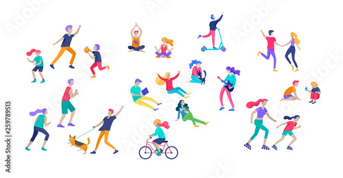 People Spending Time, Relaxing on Nature, family and children performing sports outdoor activities at park, walking dog, doing yoga, riding bicycles, tennis workout. Cartoon vector illustration