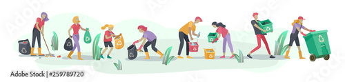 people and children Recycle Sort organic Garbage in different container for Separation to Reduce Environment Pollution. Family with kids collect garbage. Environmental day vector cartoon illustration
