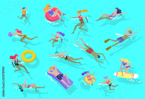 People family and children in sea, pool or ocean performing activities. Men or women swimming in swimwear, diving, surfing, lying on floating air mattress, playing ball. Cartoon vector illustration