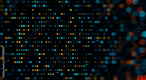 Color bytes of binary code flying through a vortex  background code depth of field.