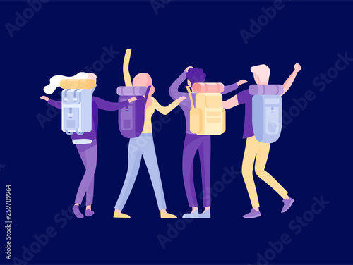 People characters man and woman for hiking and trekking, holiday travel vector, hiker and tourism illustration. Happy Tourists travelling with friends dancing and hugging