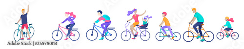 Young woman and man ride the bike, family and friends riding bicycles. Mom, dad and children on bike and cycling together. Sports outdoor activity. Cartoon vector illustration