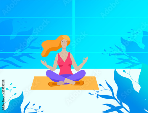 Young Man and woman meditate, sitting in yoga posture, performing aerobics exercise at home. Physical and spiritual practice yoga lesson. Mental health concept. Vector illustration cartoon