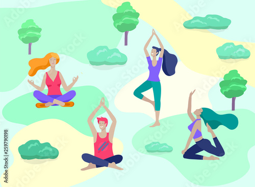 Young Man and woman meditate, sitting in yoga posture, performing aerobics exercise at park nature. Physical and spiritual practice yoga lesson. Mental health concept. Vector illustration cartoon