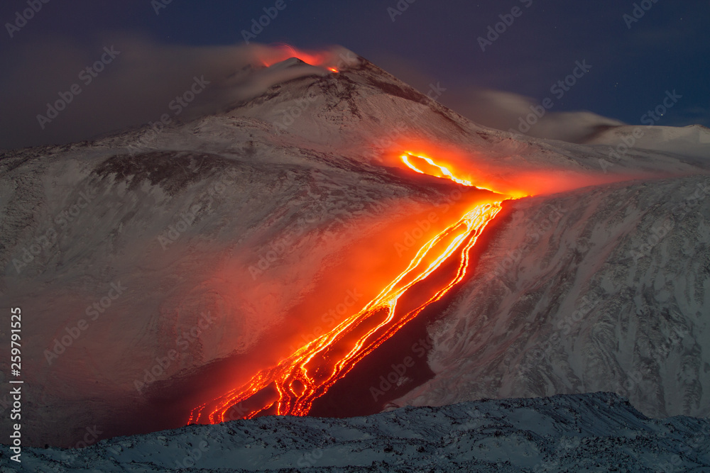 Etna volcano - lava flows and strombolian explosions from Southeast Crater - Snow landscape