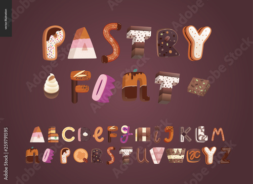 Dessert font - modern flat vector concept digital illustration of temptation font, sweet lettering. Caramel, toffee, biscuit, waffle, cookie, cream and chocolate letters