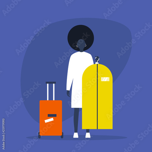 Young black female character packing her clothes. Suitcase and suit cover. Luggage. Travel. Flat editable vector illustration, clip art