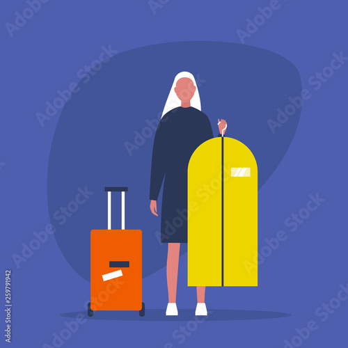 Young female character packing her clothes. Suitcase and suit cover. Luggage. Travel. Flat editable vector illustration, clip art