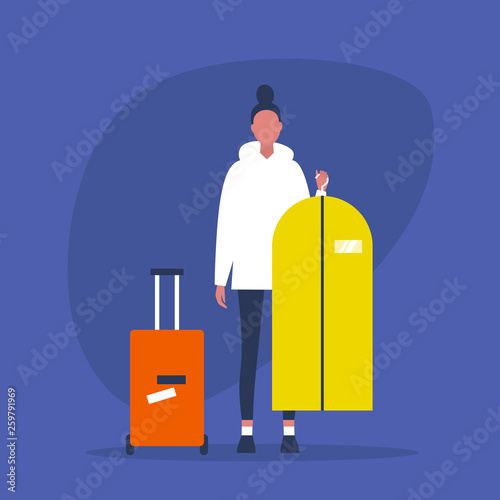 Young female character packing her clothes. Suitcase and suit cover. Luggage. Travel. Flat editable vector illustration, clip art