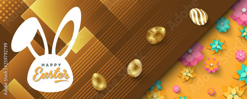 Easter banner with eggs, spring flowers, text space in shape bunny. Vector illustration