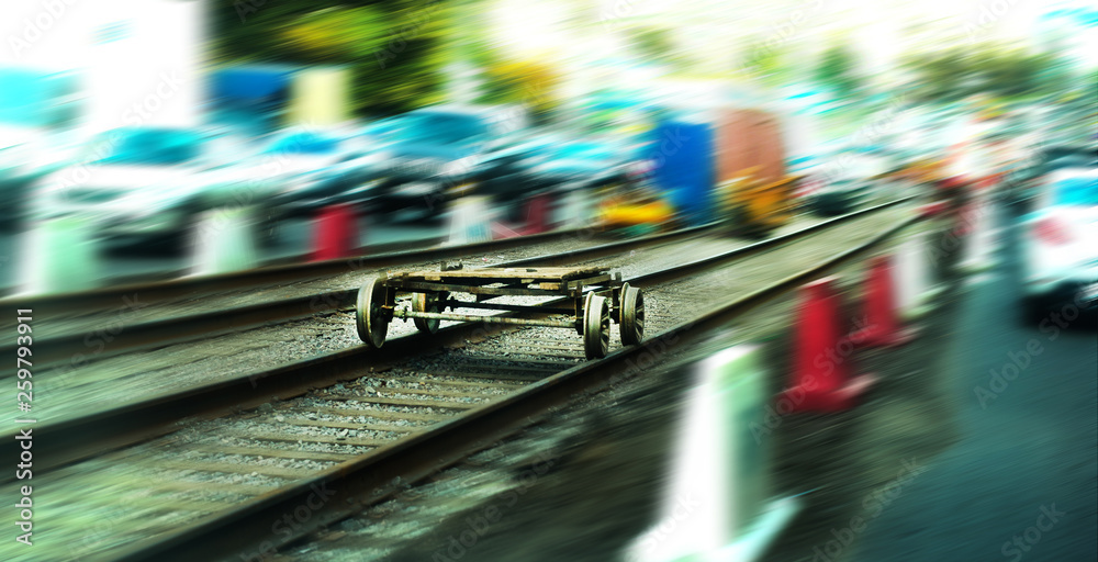 the railway trolley, among city traffic